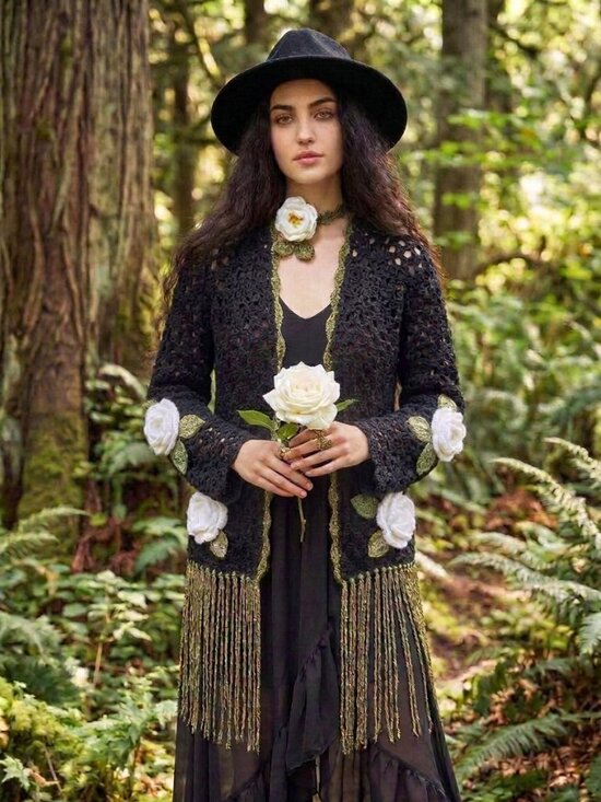 Handmade Sweaters - Black Granny Square Fringe with White Roses Sweater and Rose Wrap Necklace L.XL
